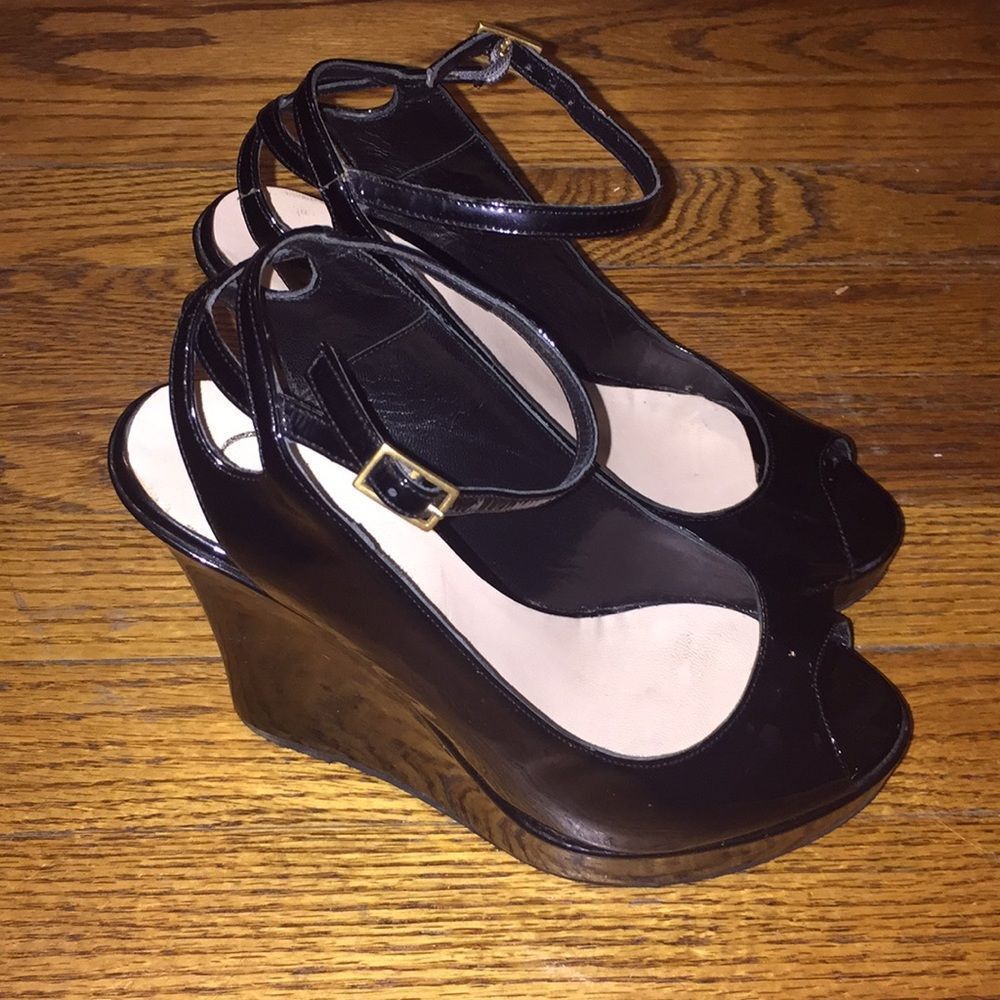 DELMAN GIGI PATENT LEATHER PEEPTOE WEDGES